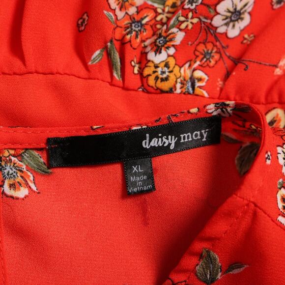 Bright Red Floral Ruffle Sleeve Scoopneck Babydoll Blouse Open Back Size XL - Picture 5 of 8